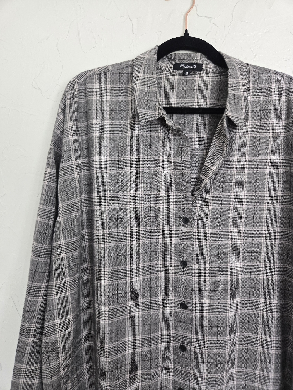 Madewell Plaid Gray Black Loose Button Up Top, XL - Picture 3 of 12